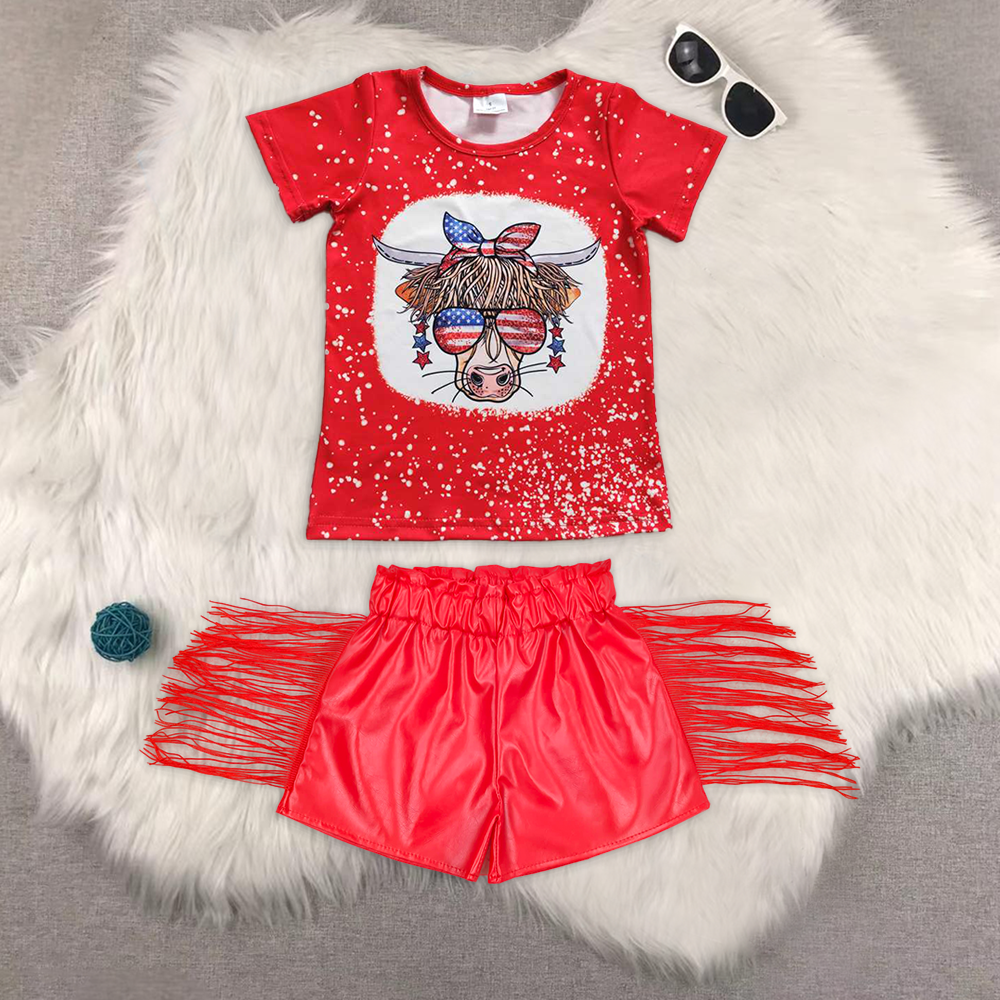 RTS NO MOQ GT0114+SS0252 Alpine red short-sleeved top Red shiny leather fringed shorts sets