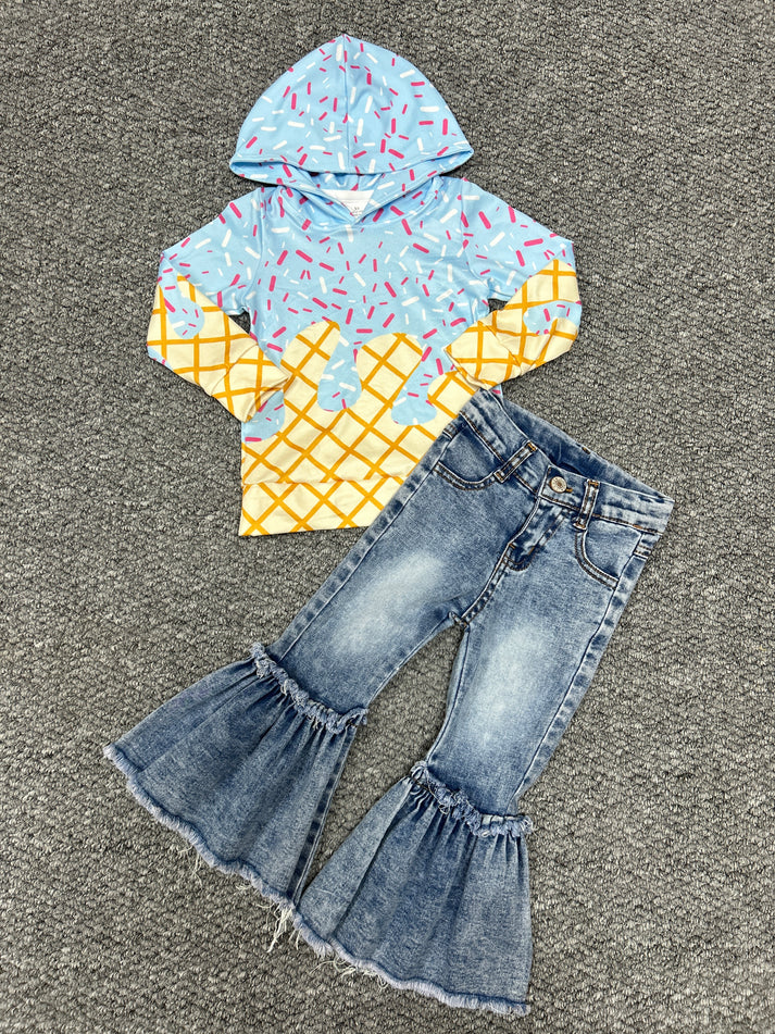 RTS NO MOQ Baby Girls Light Blue Hoodie Top And Denim Bell Bottom Pants Set Casual Outfit Team Sets for Infants