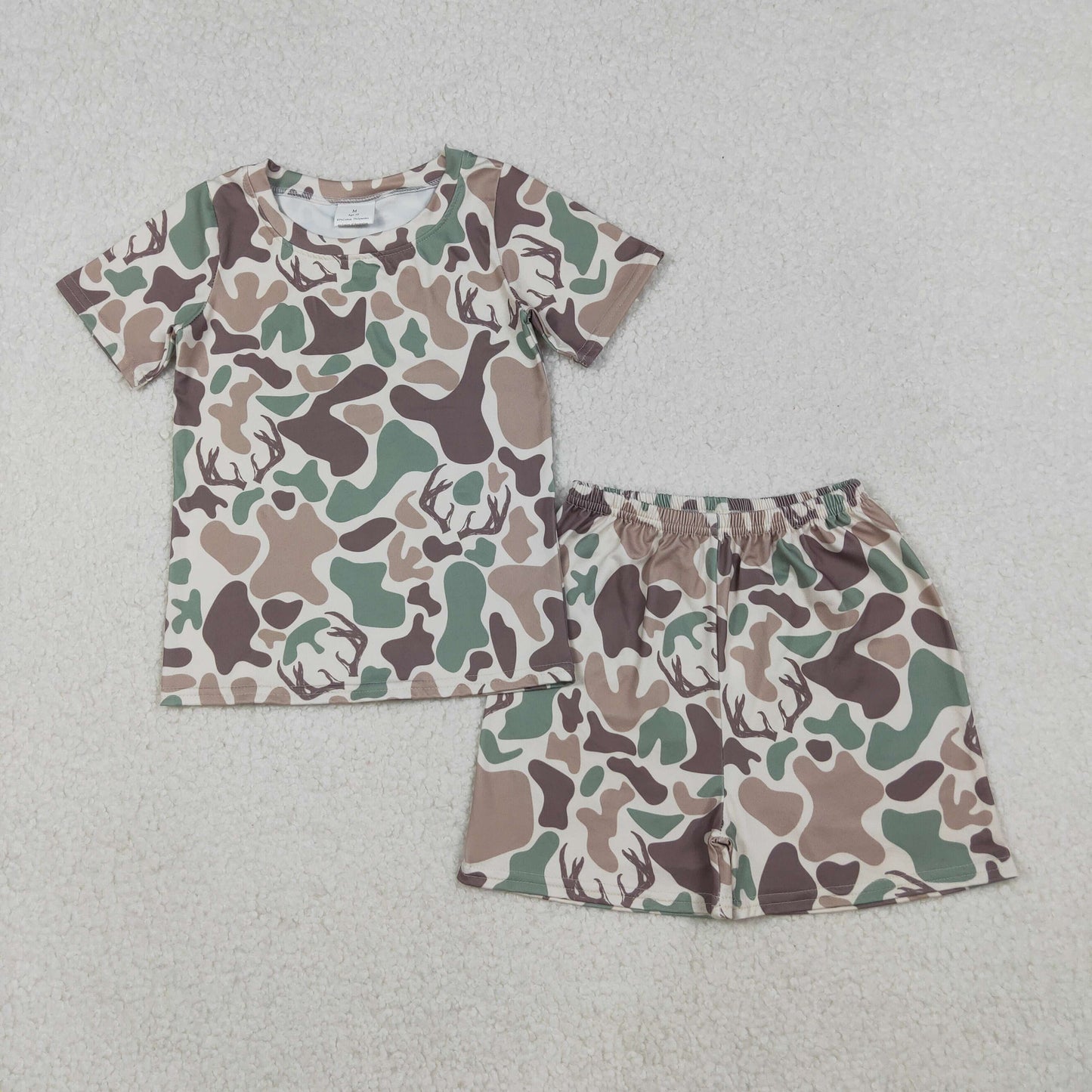 RTS NO MOQ(In Stock) GSSO2708 Beige short-sleeved shorts and antler camouflage pajama set