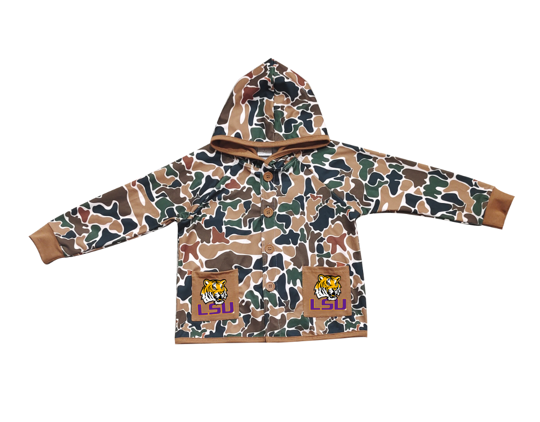 Custom moq 5 mix size milk silk baby boys clothes team summer camouflage button hooded long sleeve top-25.11.25