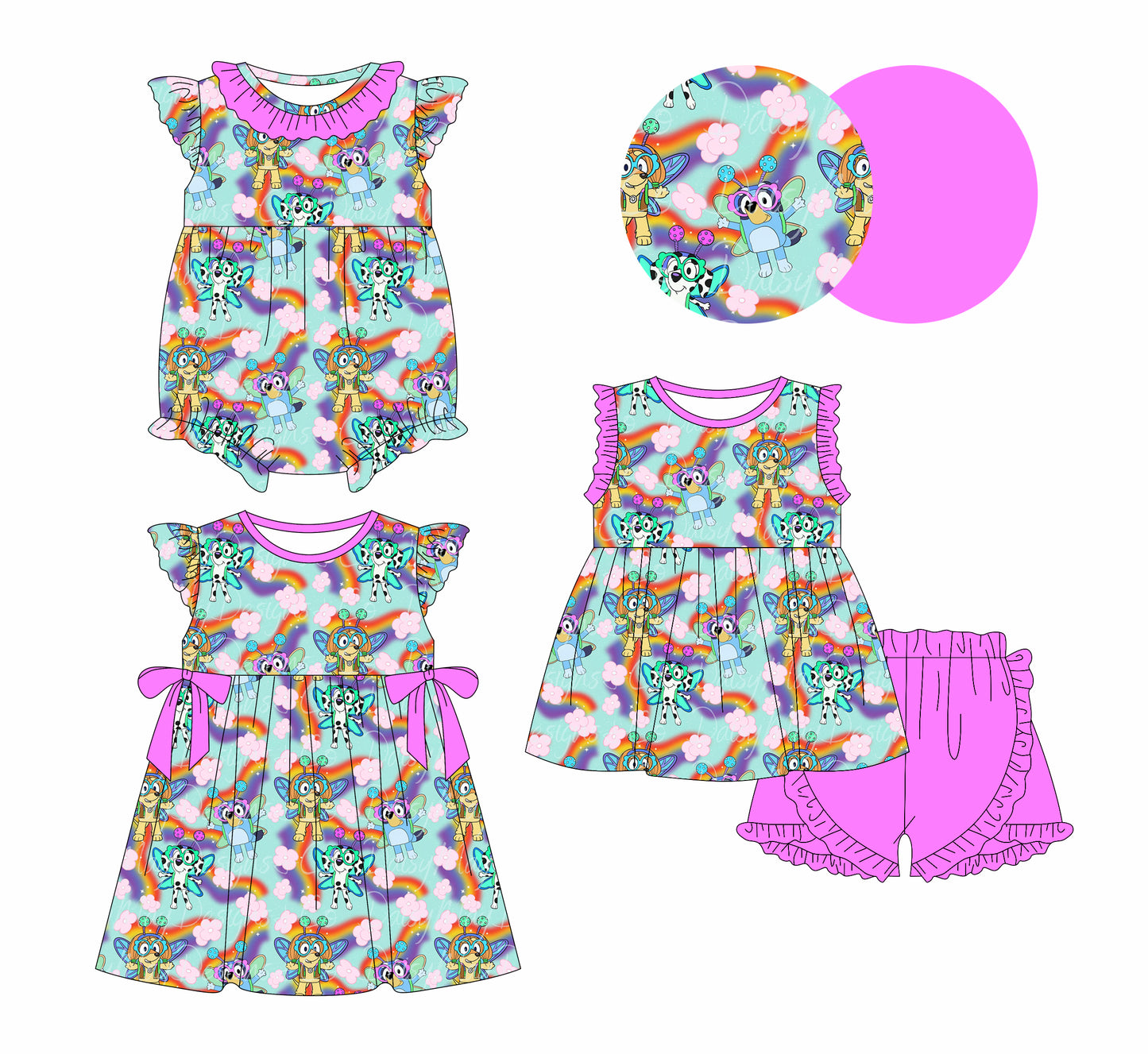 12.30 custom each style moq 5eta 4-6week Sibling Sister cartoon dog baby girl short sleeve shorts sets and dress and rompers match family design