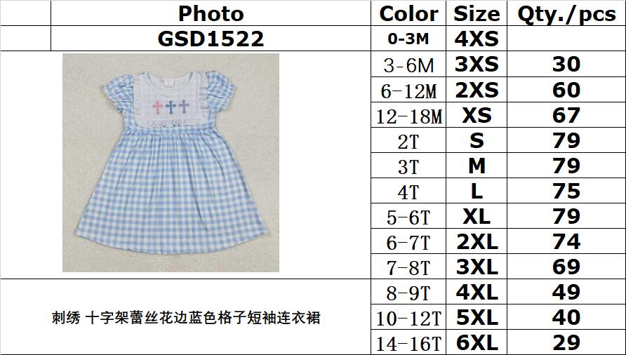 RTS NO MOQ ETA 5/7days Arrived GSD1522 Embroidered cross lace blue plaid short-sleeved dress