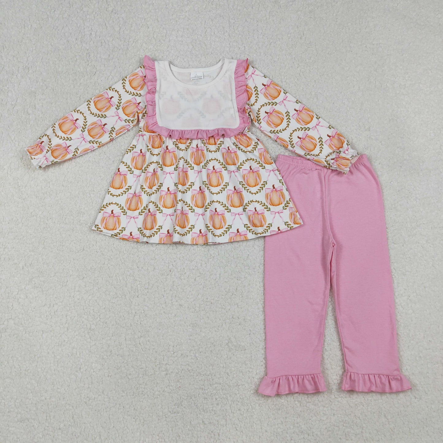 RTS NO MOQ(In Stock) GLP2427 Pink Bow Pattern Pumpkin Leaf White Long-Sleeved Pants Set