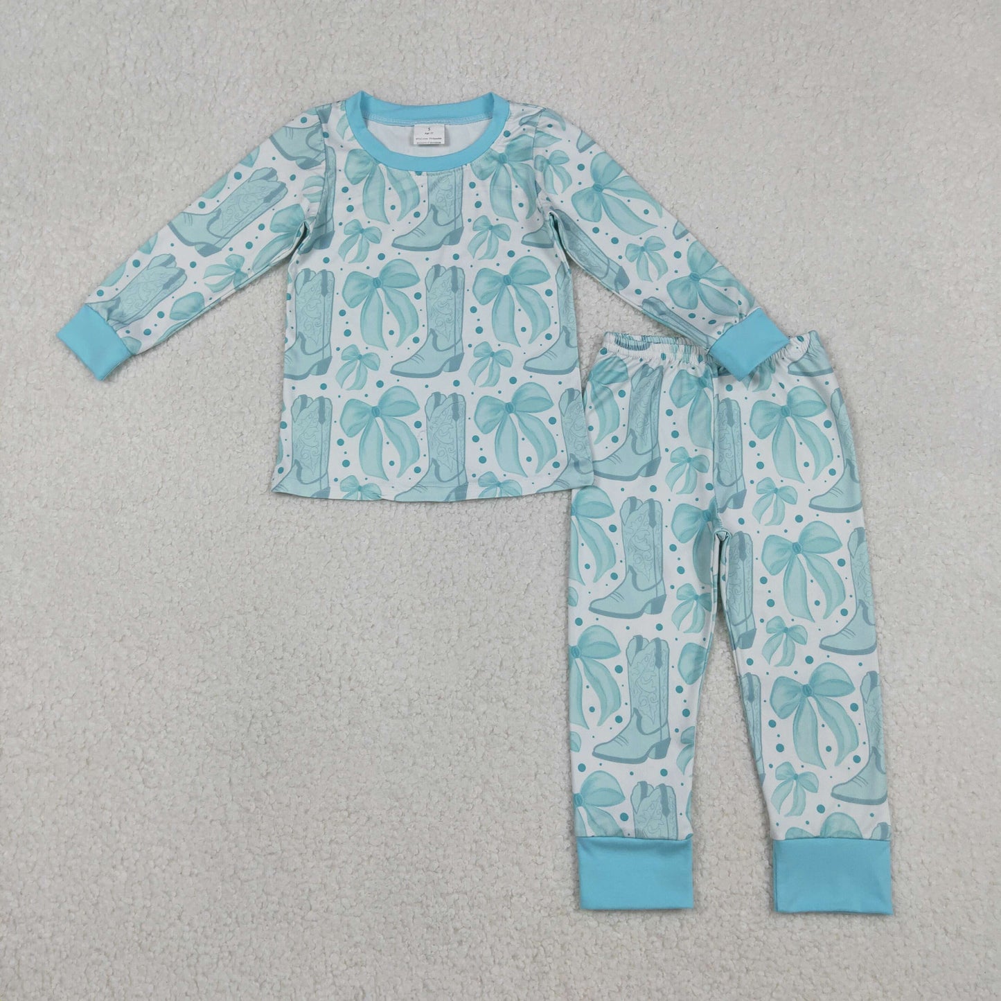 RTS NO MOQ(In Stock) Green Boots with Bow Pattern White Long-Sleeved Pants Pajama Set