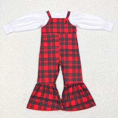 SR0479 Red and green plaid suspender jumpsuit +GT0370 White long-sleeved top