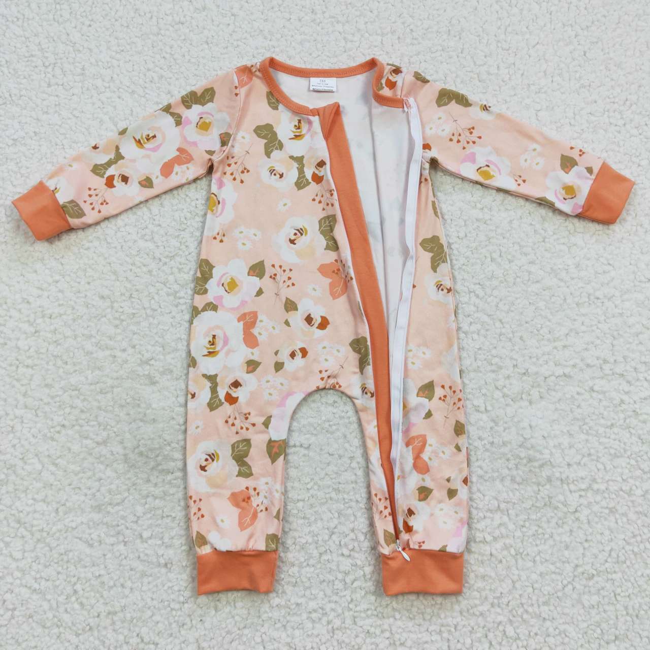 LR0476 Floral Orange Zip Long Sleeve Bodysuit