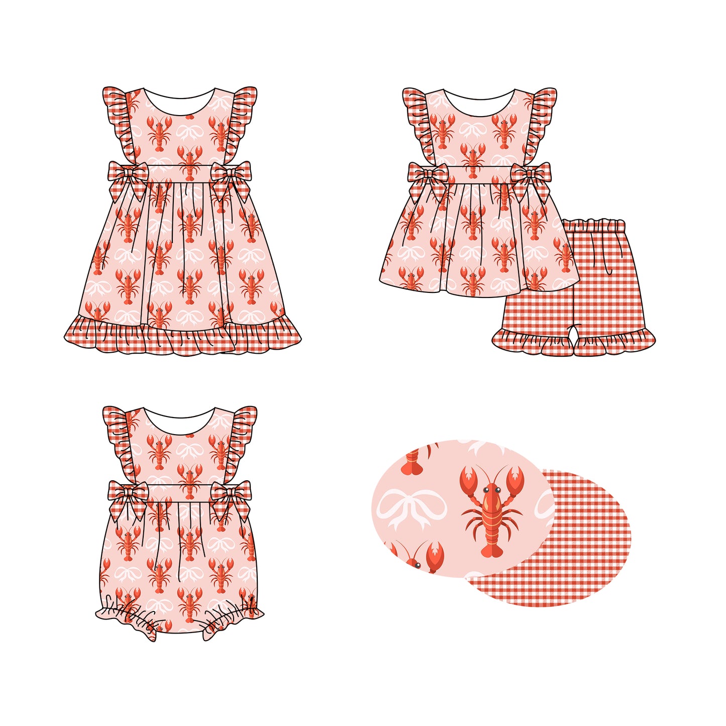 25.12.4 custom each style moq 5 eta 6-8week Sibling Sister lobster bow baby short sleeve shorts sets and romper and dress match design