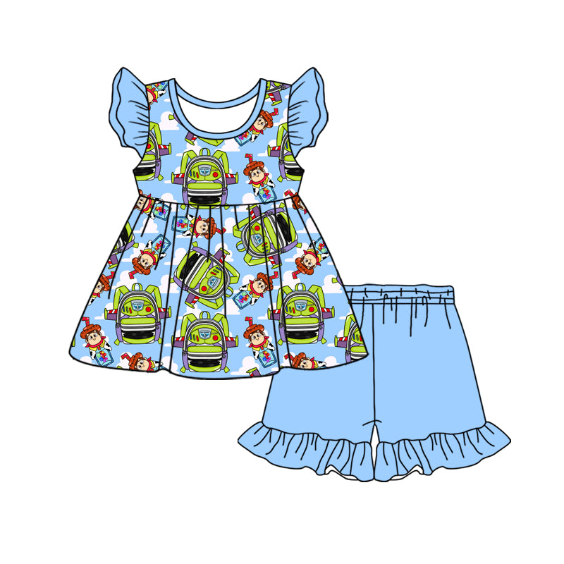 Custom moq 3 eta 7/8week moq 5 eta /4/5week baby girl clothes cartoon flying Sleeve Top Shorts Set