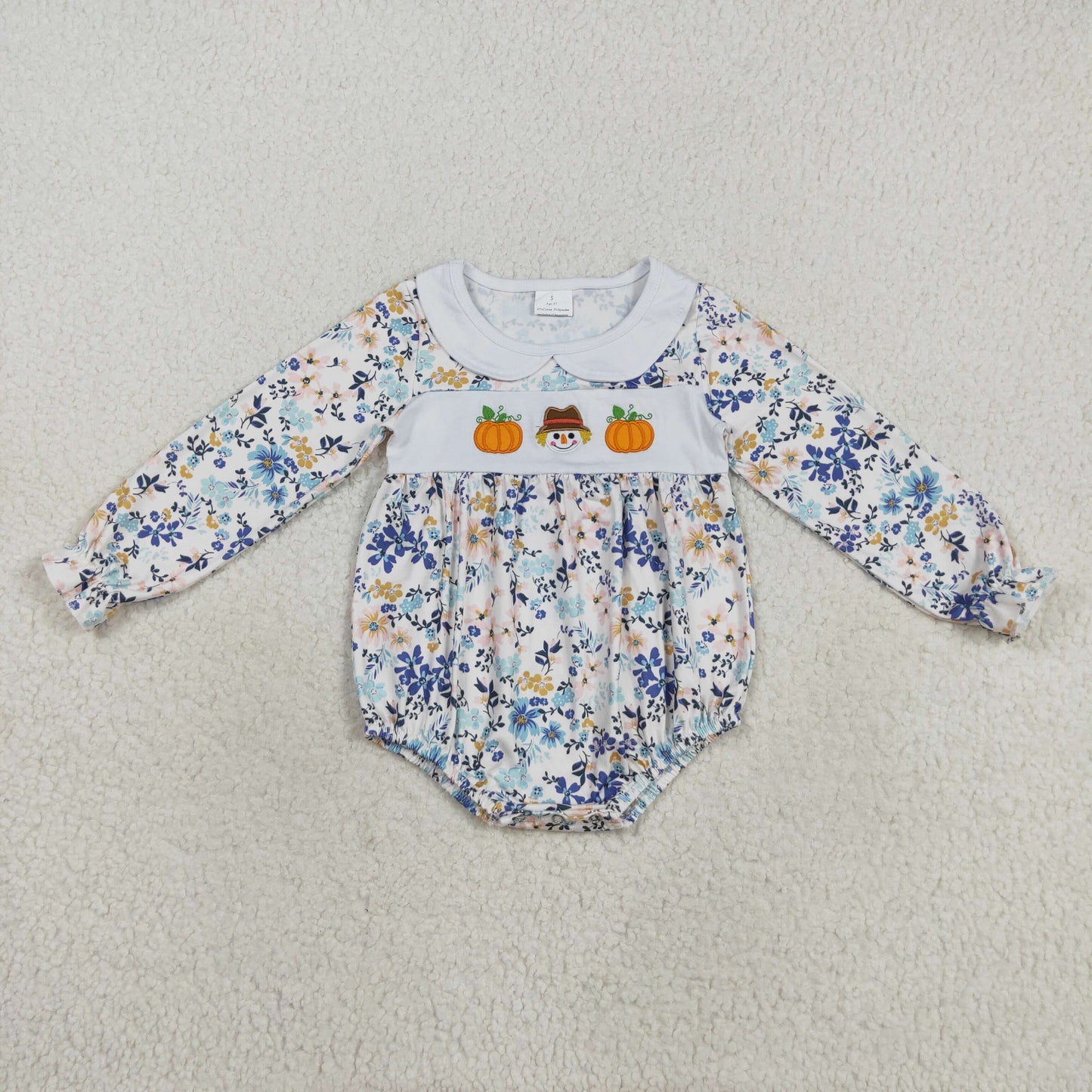 RTS NO MOQ(In Stock) LR2246 Embroidered pumpkin scarecrow, flowers, and leaves, doll collar long-sleeved bodysuit