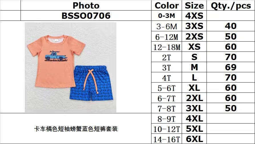 BSSO0706 Truck Orange Short Sleeve Crab Blue Shorts Suit
