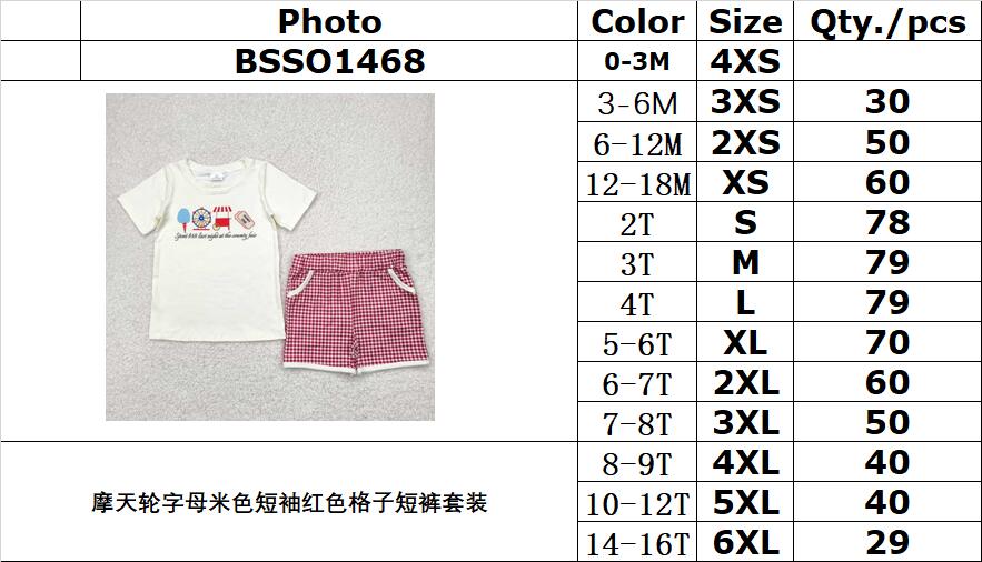 RTS NO MOQ BSSO1468 Ferris wheel letter beige short sleeve red plaid shorts suit 7