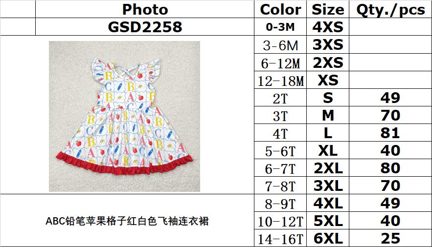 RTS NO MOQ GSD2258 ABC pencil apple plaid red and white flying sleeve dress