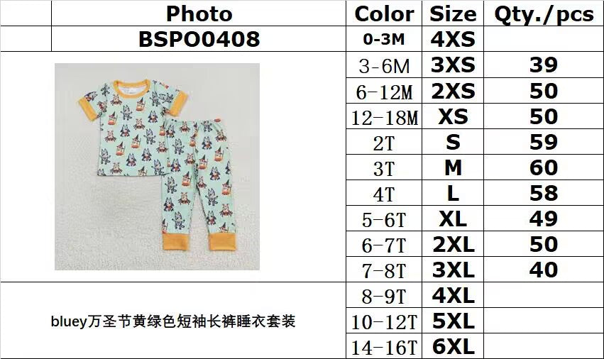 RTS NO MOQ BSPO0408 bluey Halloween yellow green short-sleeved long pants pajamas suit