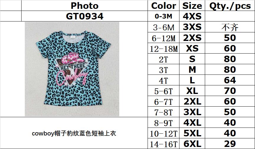 RTS NO MOQ GT0934 cowboy hat leopard print blue short-sleeved top