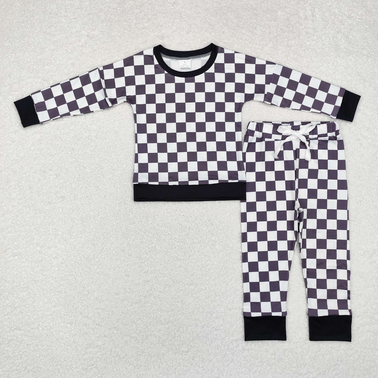 RTS NO MOQ(In Stock) BLP0786 Black and white plaid long-sleeved trousers pajama suit