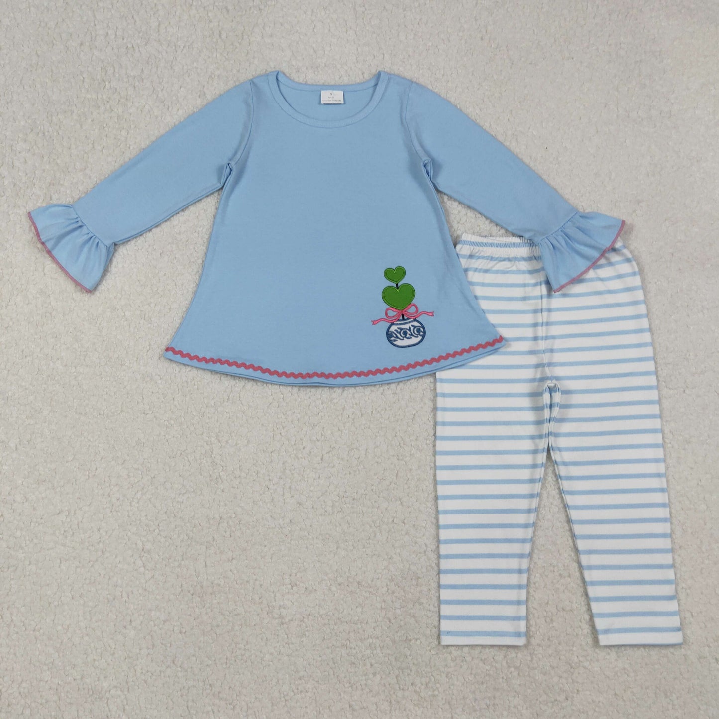 RTS NO MOQ(In Stock) GLP2465 Embroidered Bow Vase Blue Long-Sleeved Striped Pants Set