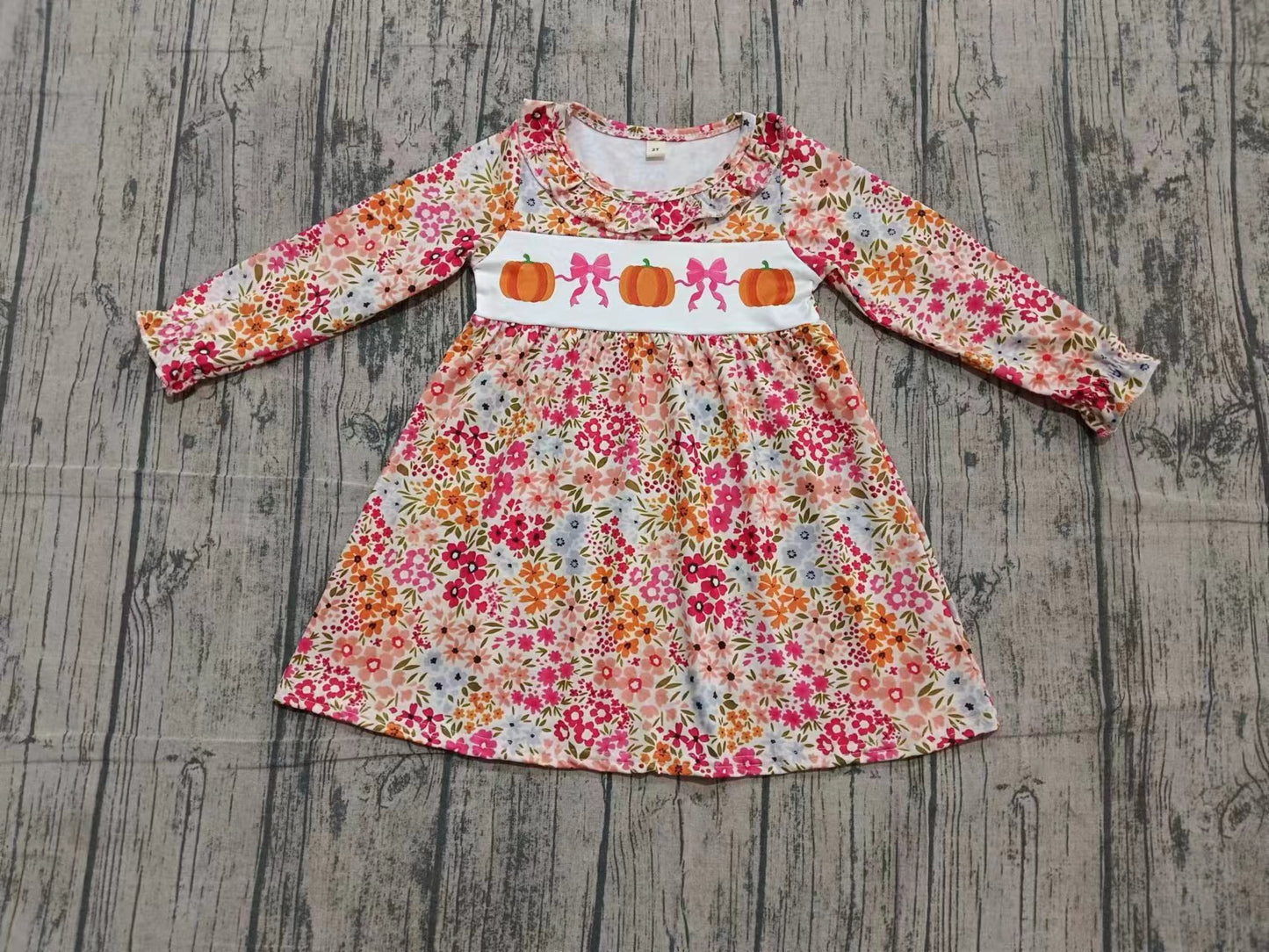Custom moq 5 eta 6-8weeks baby girl clothes floral bow pumpkin long sleeve dress-25.10.25