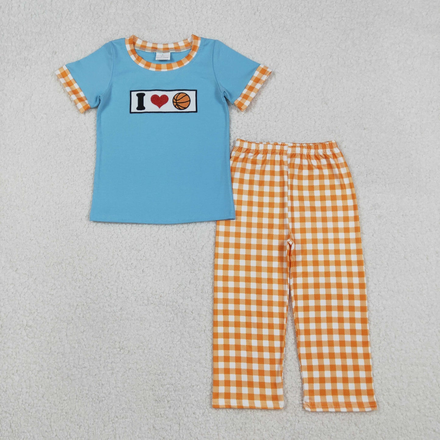 RTS NO MOQ(In Stock) Embroidered "I Love Basketball Heart" Blue Short-Sleeve T-Shirt and Orange Plaid Pants Set