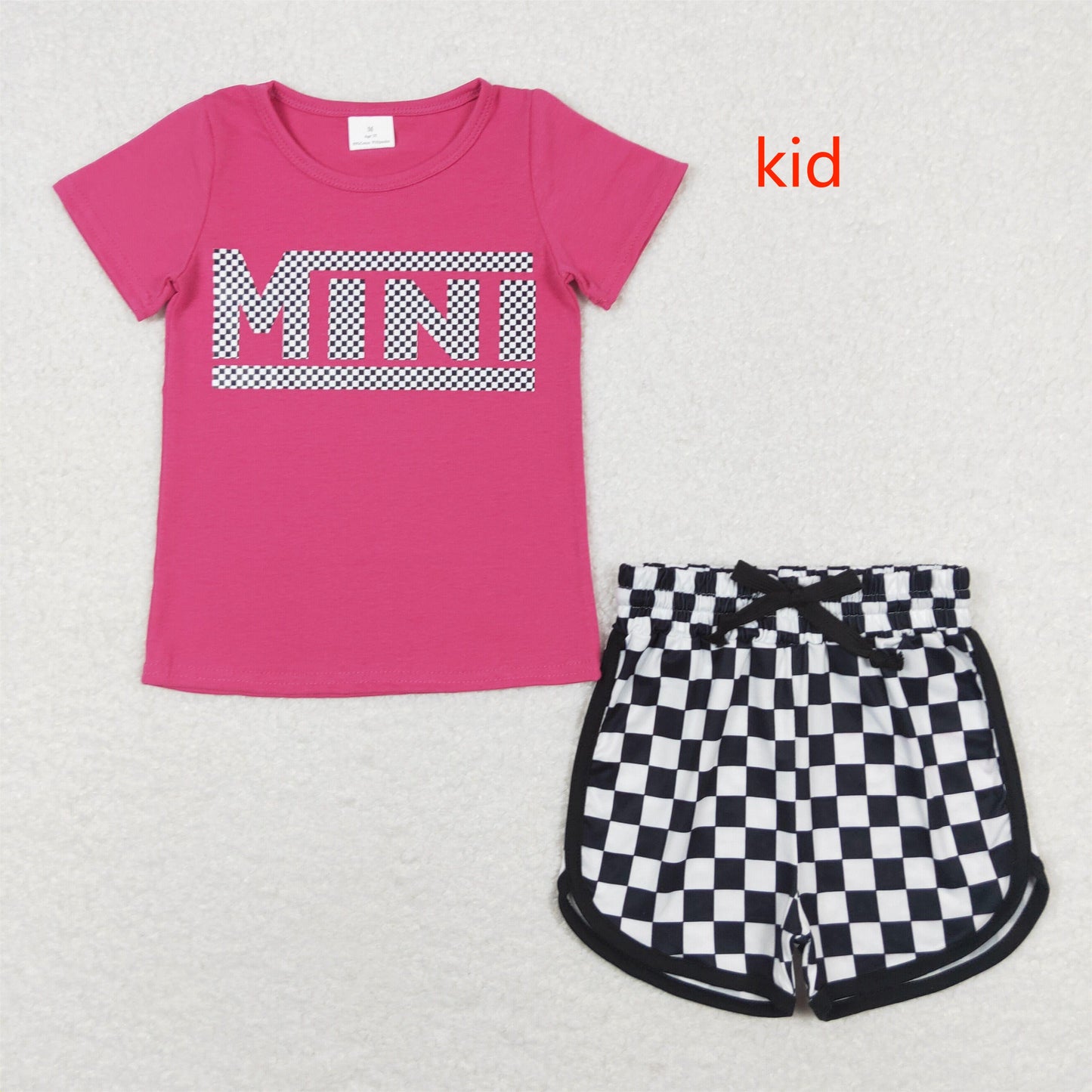 RTS NO MOQ Adult Girls clothes Short Sleeve black and white plaid Shorts Pajama Set & kids shorts sets