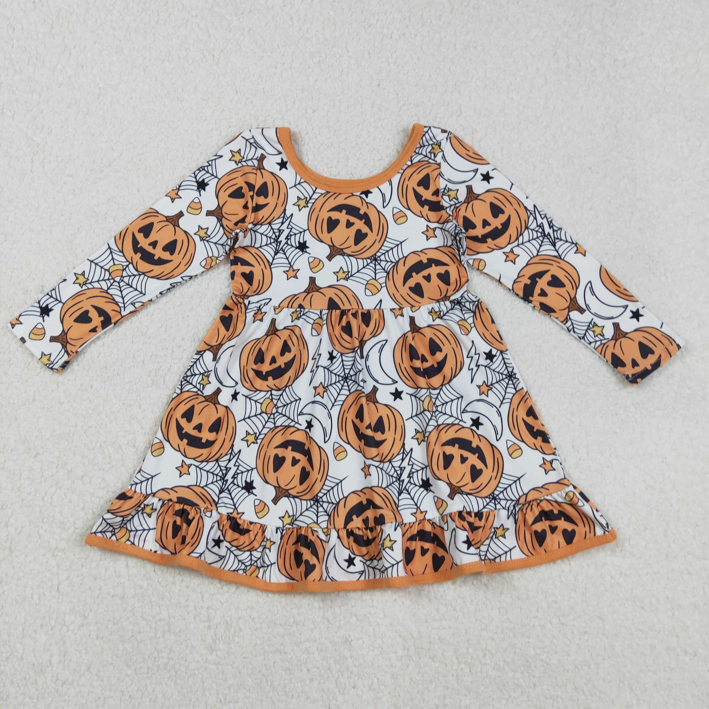 RTS NO MOQ(In Stock) GLD1258 Halloween Smiley Pumpkin Star Spider Web Candy Long Sleeve Dress