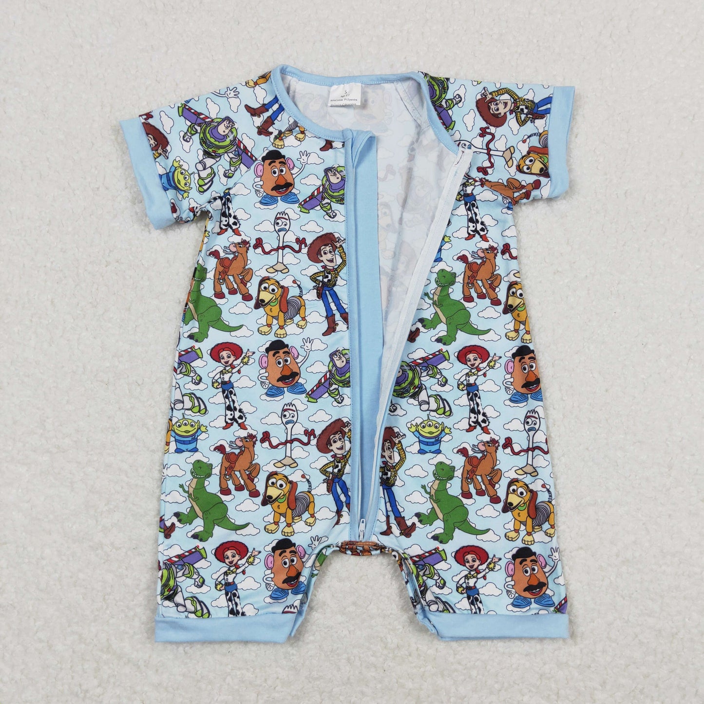 RTS NO MOQ(In Stock) Toy Story Cartoon White Cloud Blue Zipper Short Sleeve Jumpsuit