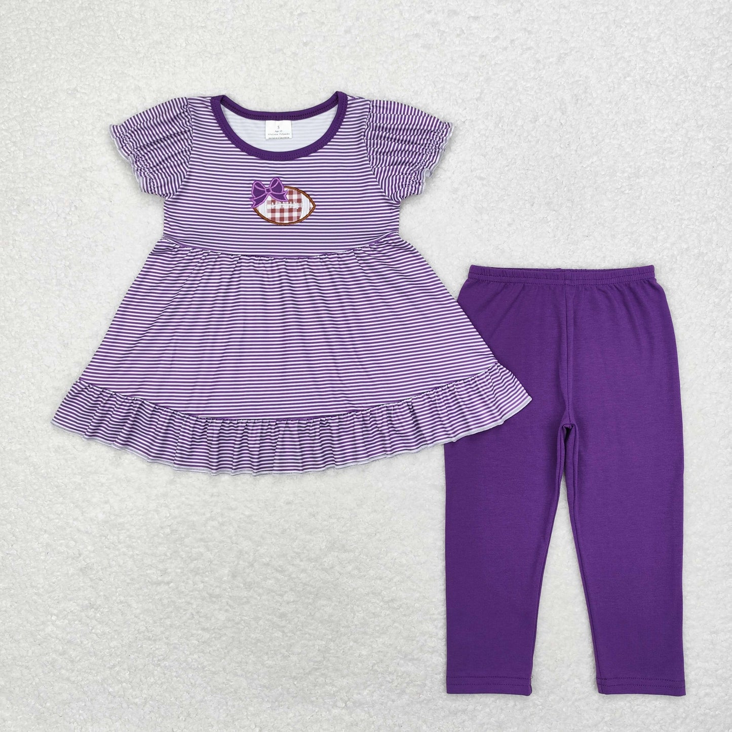 RTS NO MOQ(In Stock) GSPO1676 Embroidered purple bow rugby stripe short sleeve trousers set