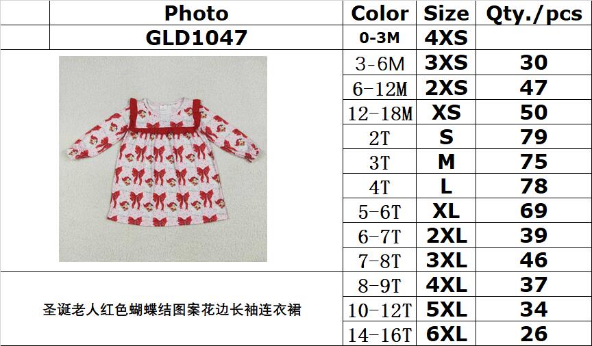 RTS NO MOQ GLD1047 Santa Claus Red Bow Pattern Lace Long Sleeve Dress