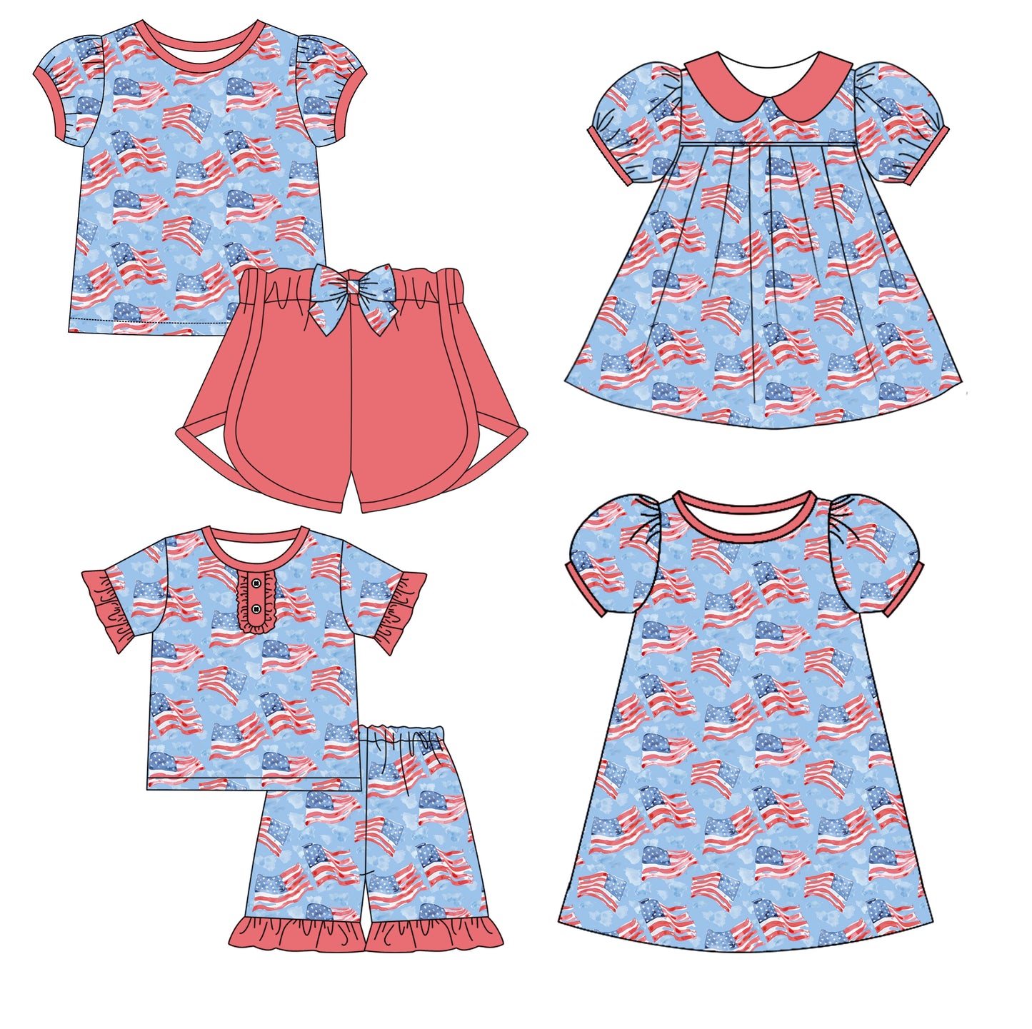 12.31 custom each style moq 5eta 4-6week Sibling Sistes flag baby girl short sleeve shorts sets 1 and sets 2 and dress 1 and dress 2 match family design