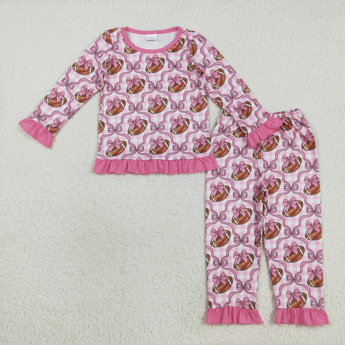 RTS NO MOQ(In Stock) GLP2535 Pink lace plaid long-sleeved trousers pajama set with rugby bow pattern