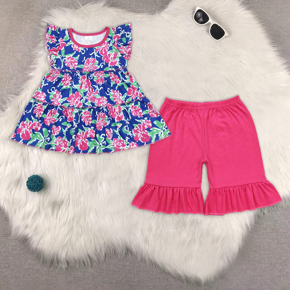 RTS NO MOQ ETA 5/7days Arrived GT0473+SS0249 Flower navy blue flying sleeve top Rose red one-layer lace shorts sets