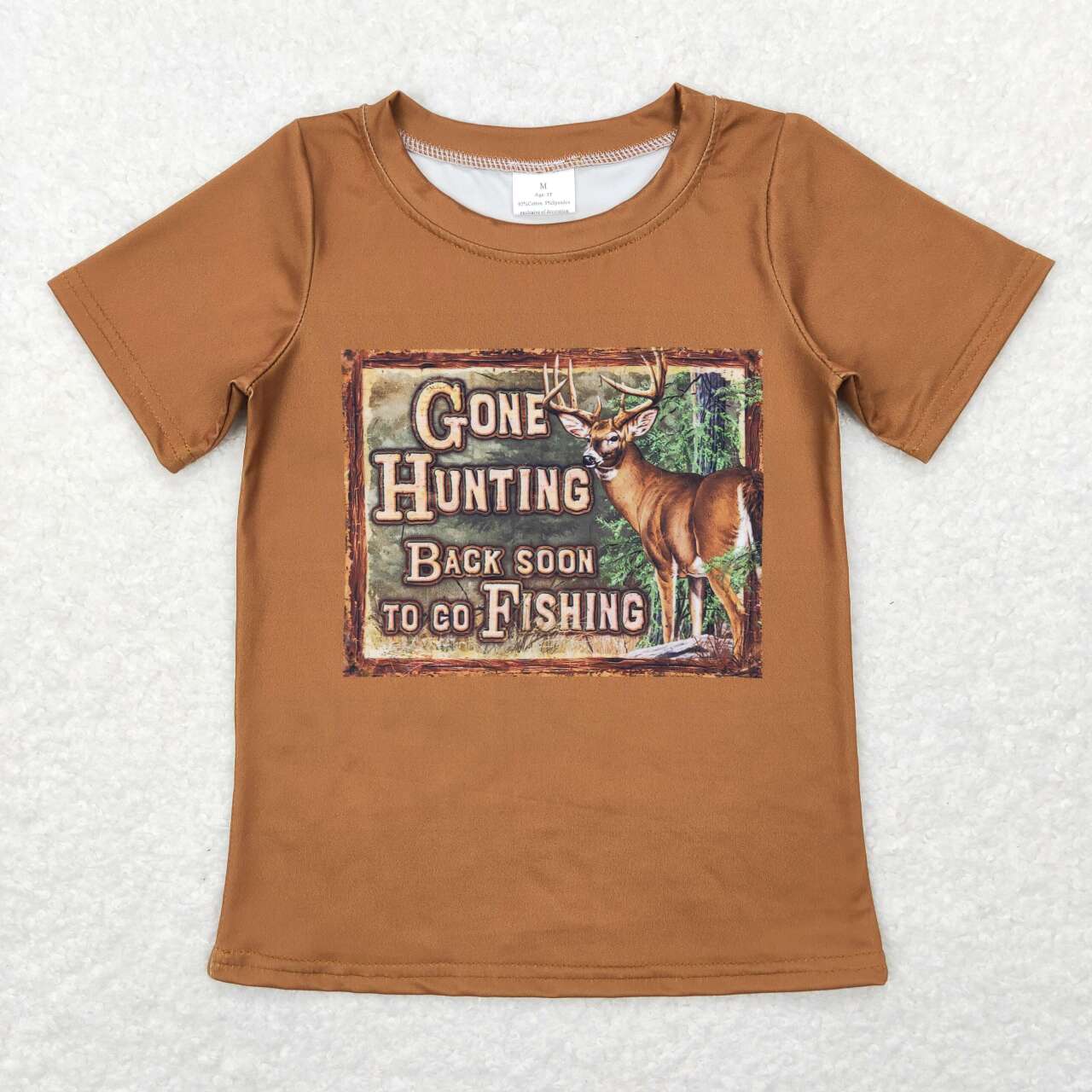 RTS NO MOQ(In Stock) BT0424 gone hunting letter elk brown short sleeve top