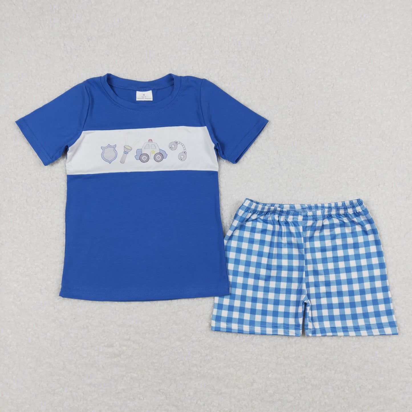 RTS NO MOQ(In Stock) police flashlight blue short-sleeved plaid shorts suit