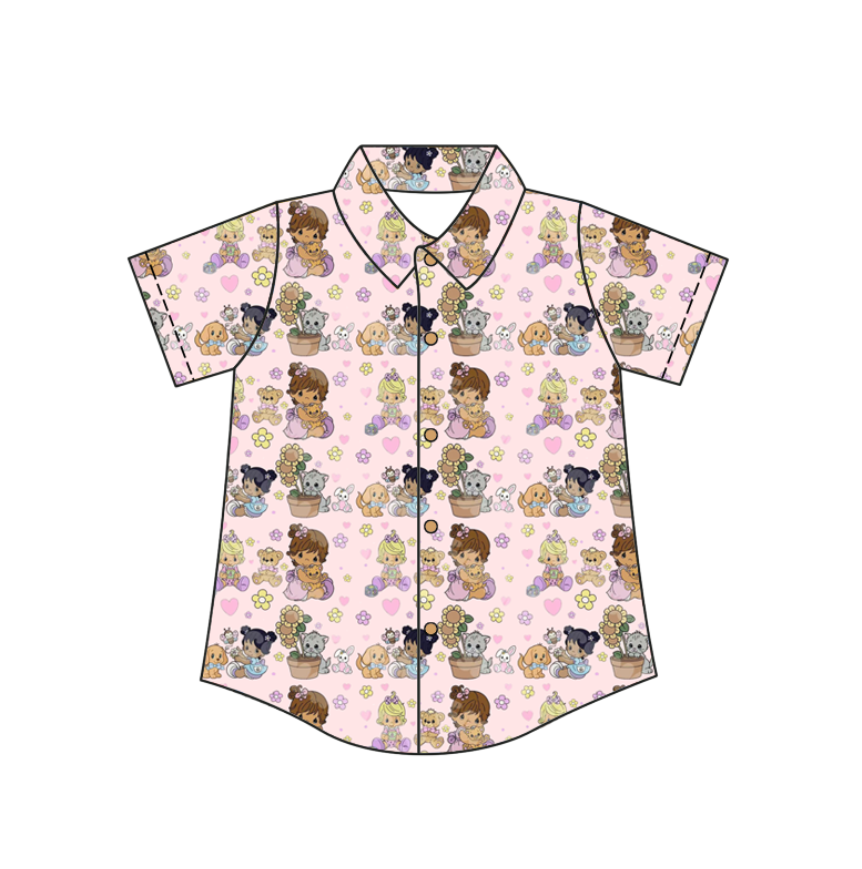 Custom moq 5 mix size milk silk baby boys clothes summer cartoon button short sleeve top