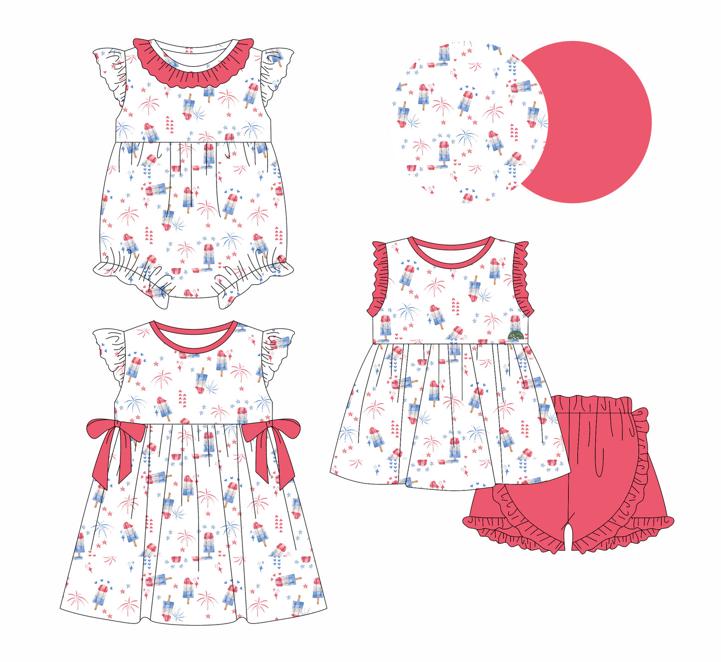 12.31 custom each style moq 5eta 4-6week Sibling Sistes firework baby girl short sleeve shorts sets and dress and rompers match family design