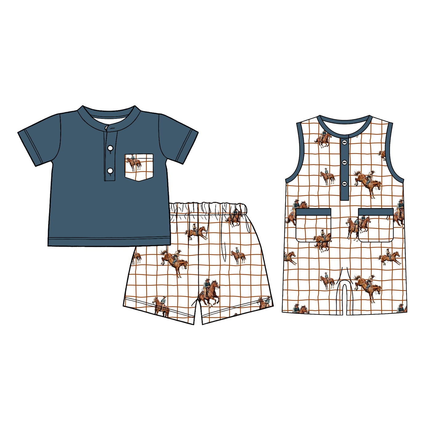 26.1.5 custom each style moq 5 eta 6-8week Sibling Sister riding horse baby boy short sleeve shorts sets and romper match design