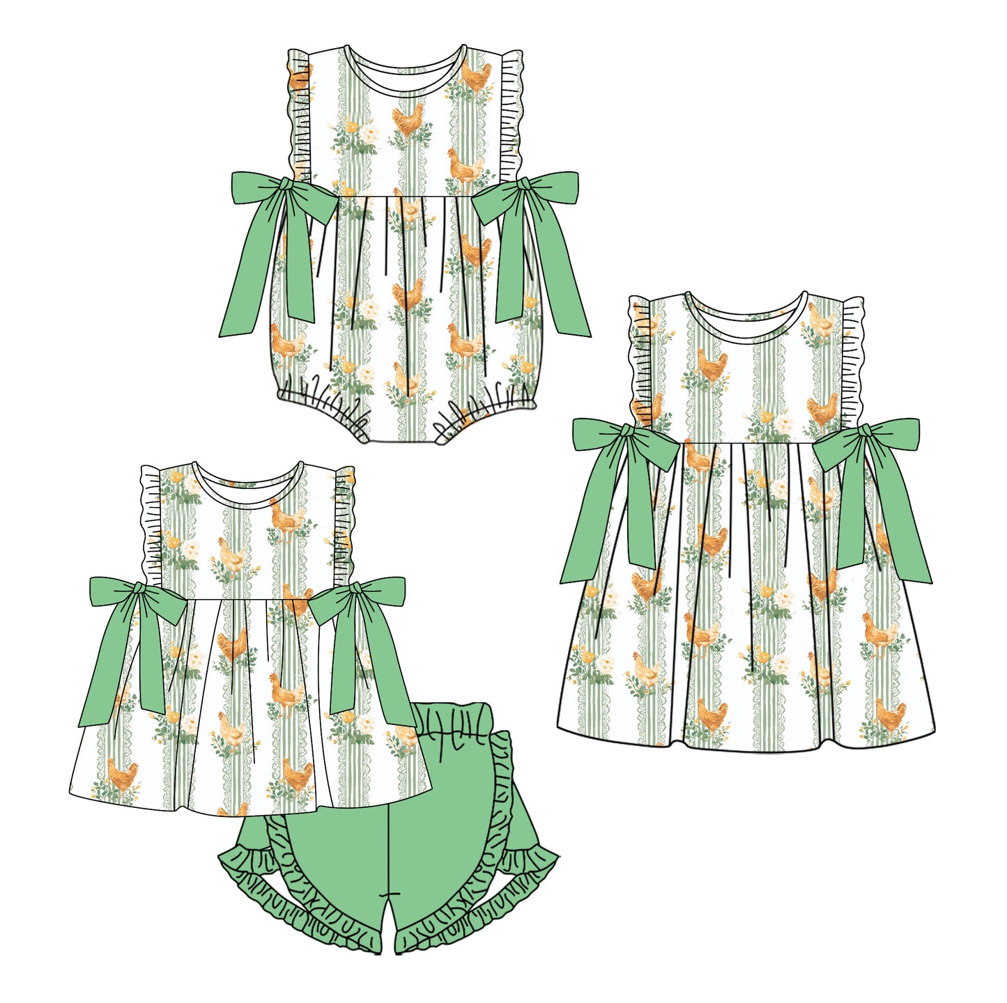 26.1.2 custom each style moq 5 eta 6-8week Sibling Sister hen floral baby short sleeve shorts sets and romper and dress match design