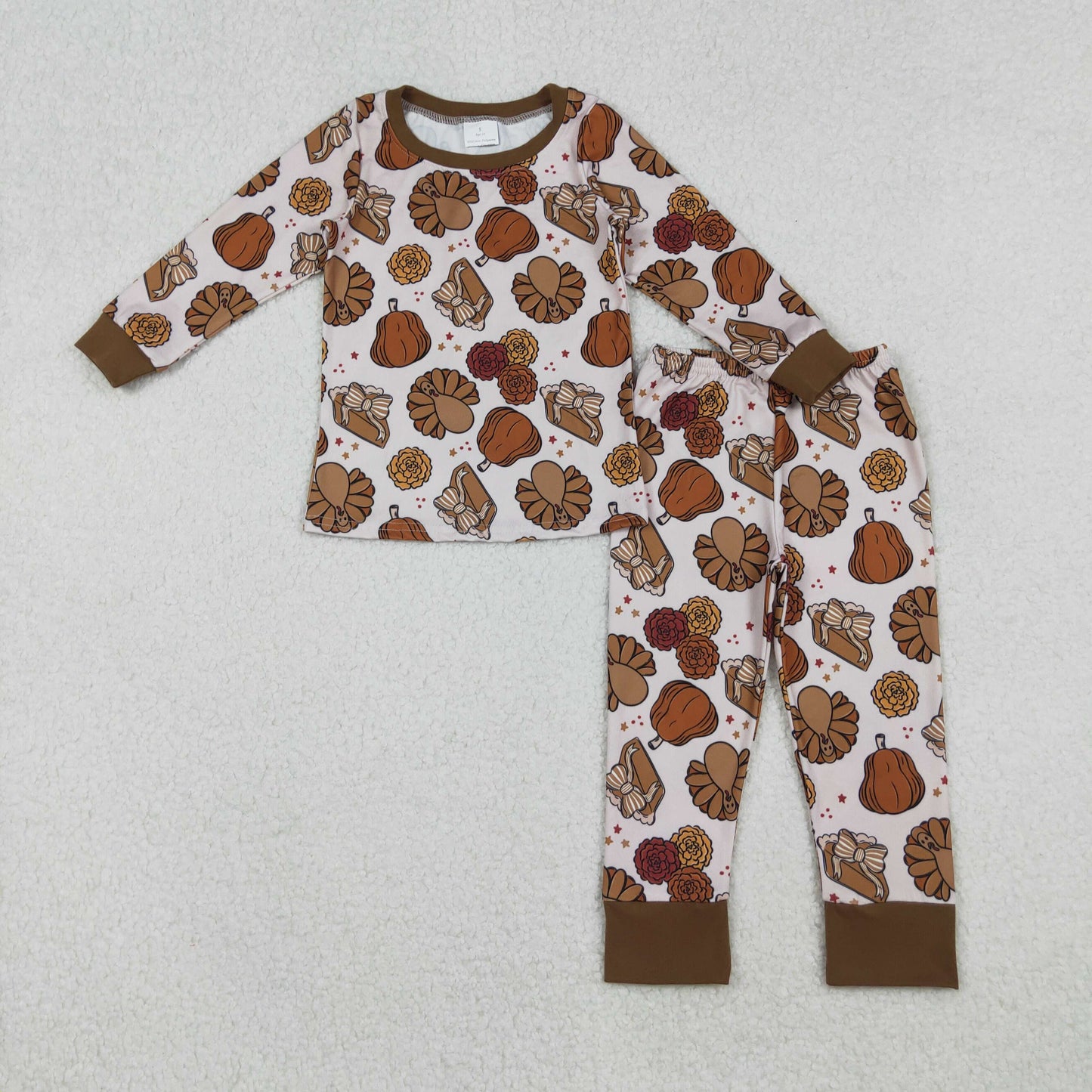 12/18m-7/8t RTS NO MOQ(In Stock) GLP2884 Turkey, flower, pumpkin, and bow pattern cake long-sleeved pajamas set