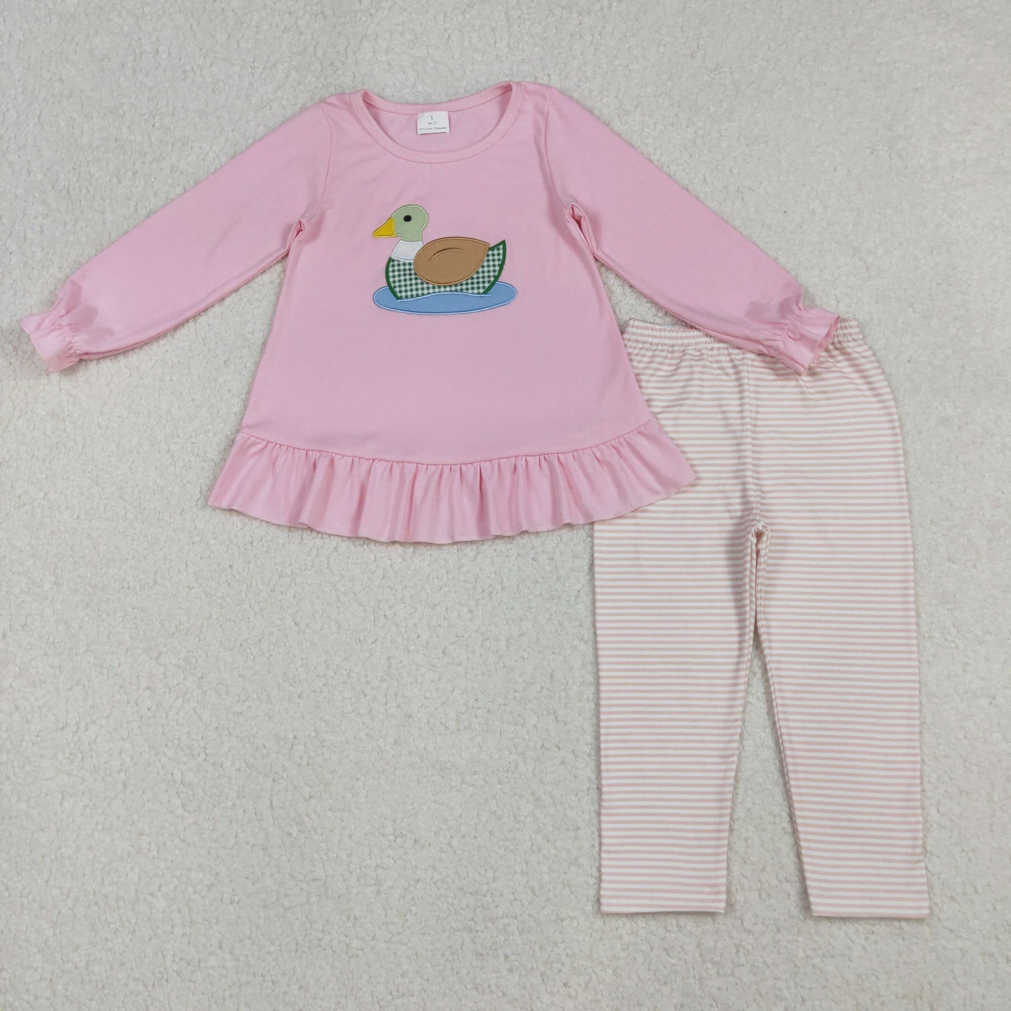 RTS NO MOQ(In Stock) GLP2698 Embroidered Duck Pink Lace Long-Sleeved Striped Pants Set