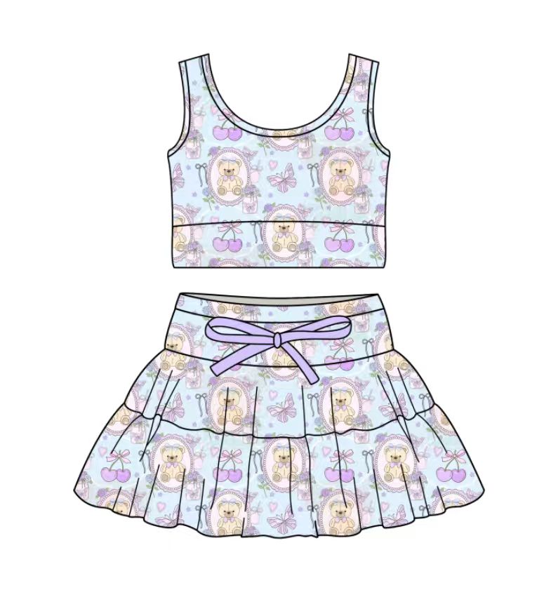 Custom moq 5 mix size milk silk baby girl clothes summer cartoon sleeveless skirts sets\