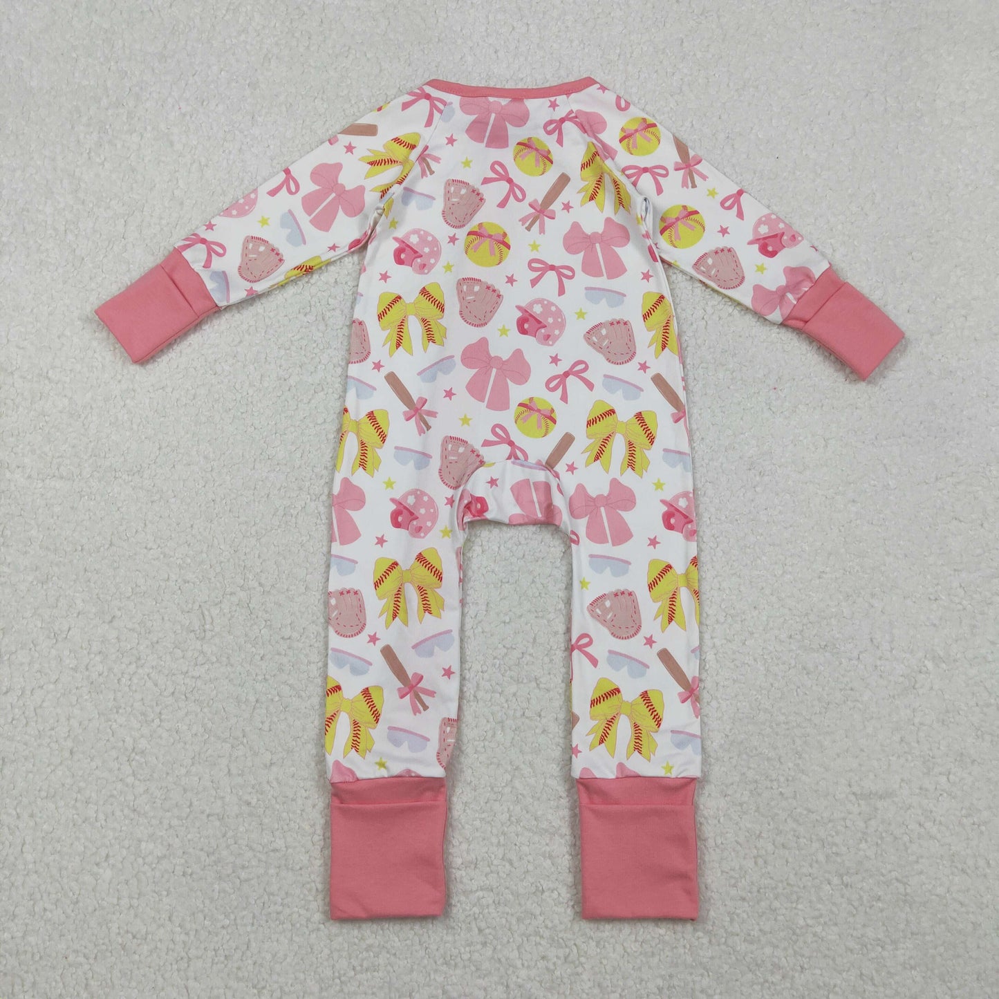 RTS NO MOQ(In Stock) LR2705 Softball Bow Printed Long-Sleeved Zippered Bodysuit in Pink and White