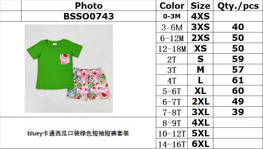 rts no moq BSSO0743 bluey cartoon watermelon pocket green short-sleeved shorts suit