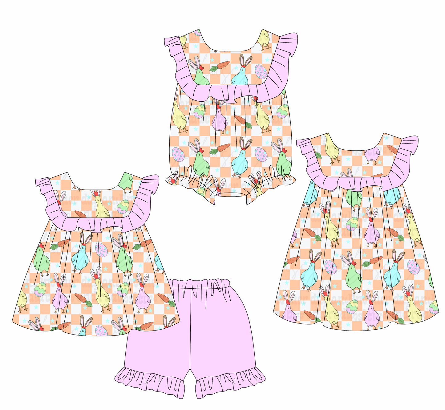 26.1.8 custom each style moq 5 eta 6-8week Sibling Sister easter baby short sleeve shorts sets and romper and dress match design