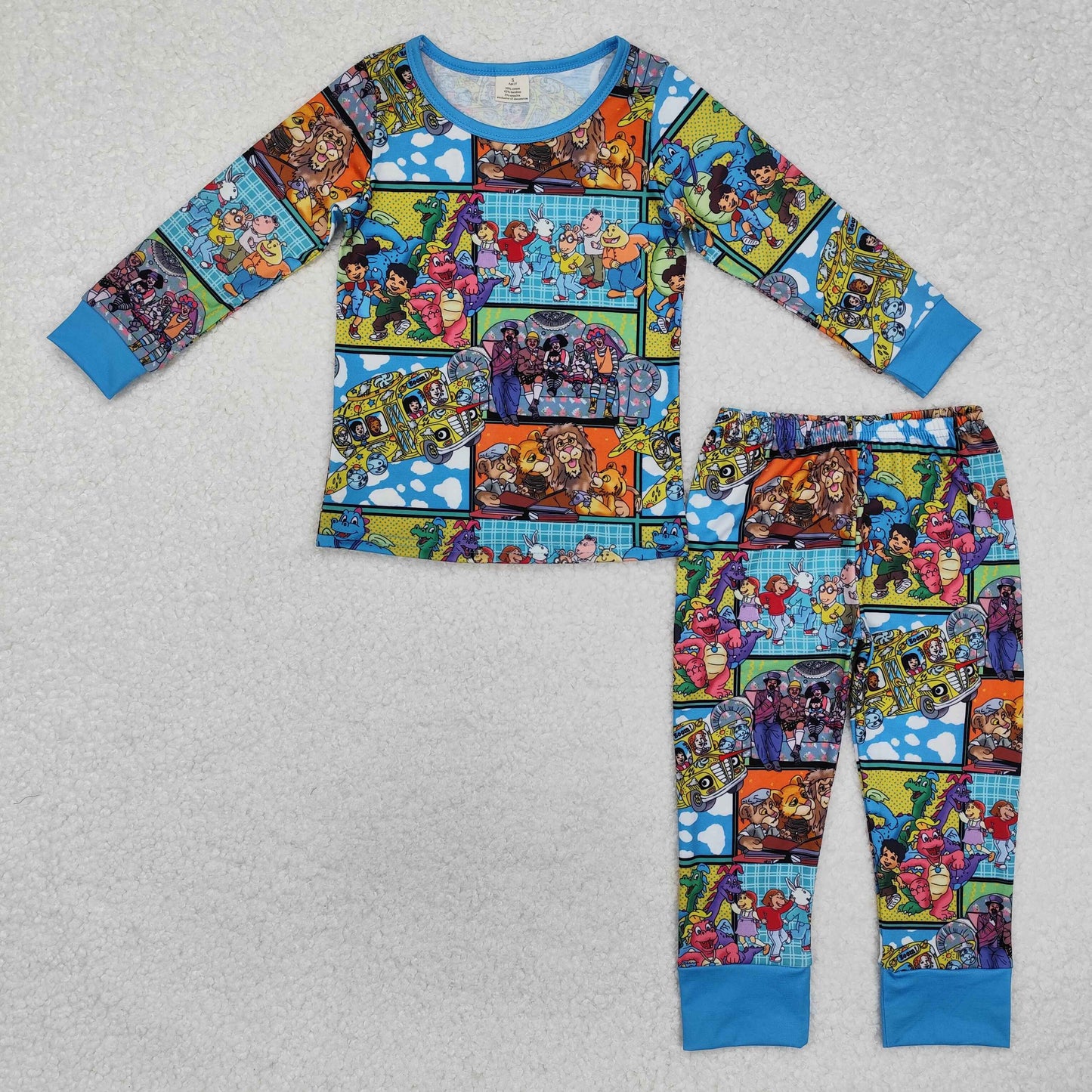 RTS NO MOQ(In Stock) Modal cartoon lion dinosaur blue long-sleeved trousers pajamas set
