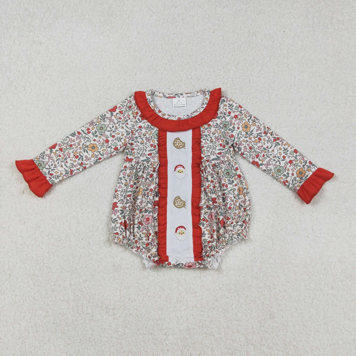 RTS NO MOQ(In Stock) LR2232 Embroidered Cookie Santa Claus Flowers and Leaves Red Lace Long-Sleeved Bodysuit
