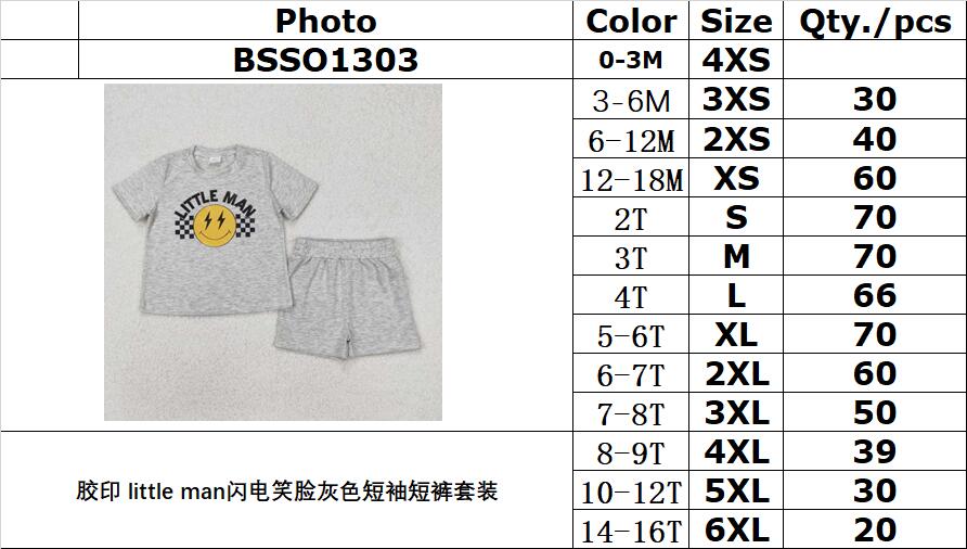 RTS NO MOQ ETA 5/7days Arrived BSSO1303 Offset printing little man lightning smiley gray short-sleeved shorts set