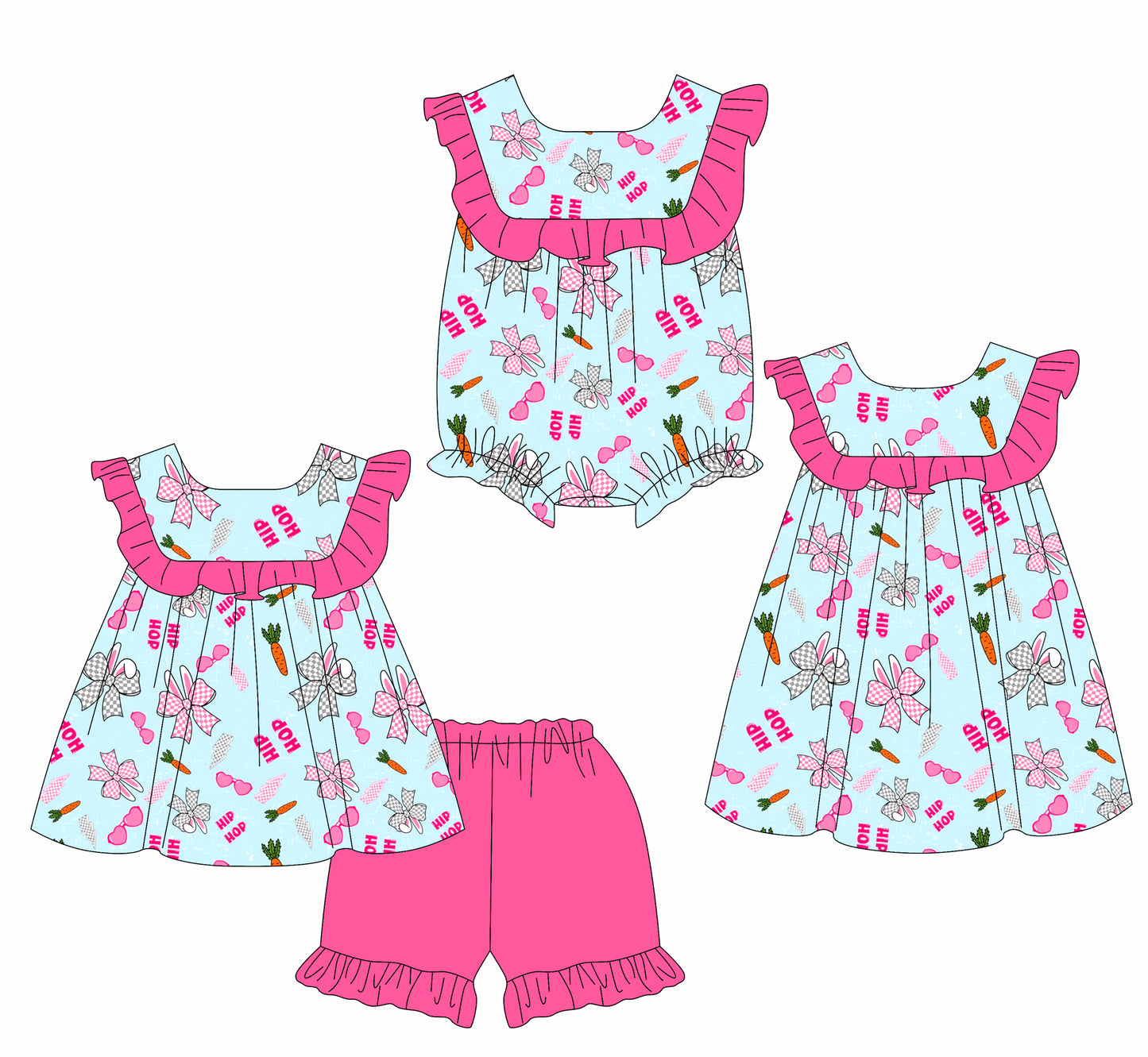 26.1.8 custom each style moq 5 eta 6-8week Sibling Sister bunny bow baby short sleeve shorts sets and romper and dress match design