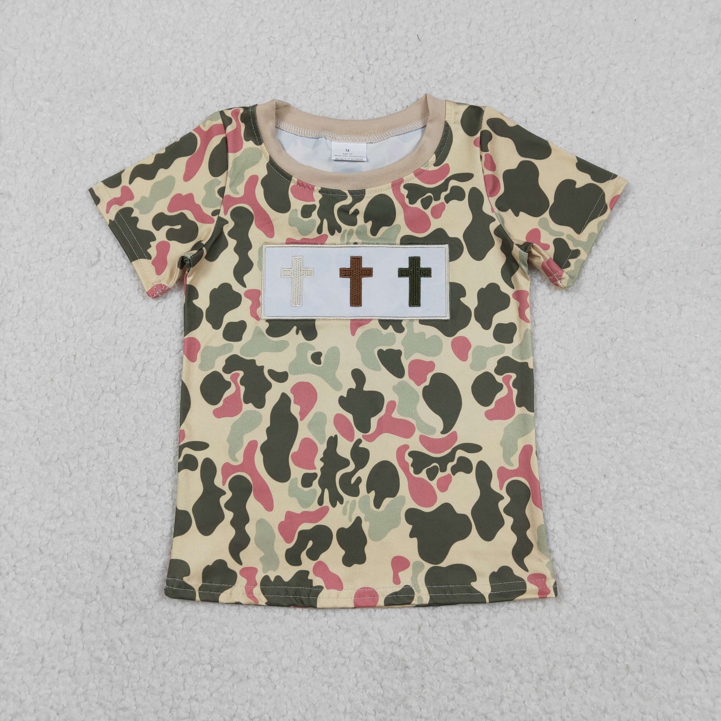 RTS NO MOQ(In Stock) Embroidered Cross Camouflage Brown Short-Sleeved Top