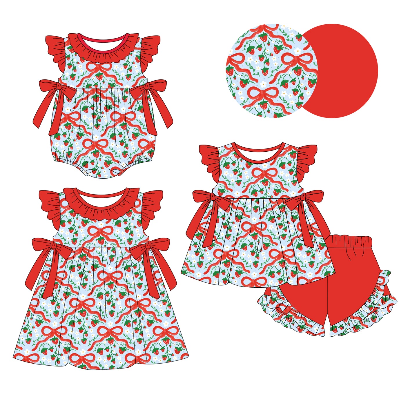 25.12.25 custom each style moq 5 eta 6-8week Sibling Sister strawberry bow floral baby short sleeve shorts sets and romper and dress match design