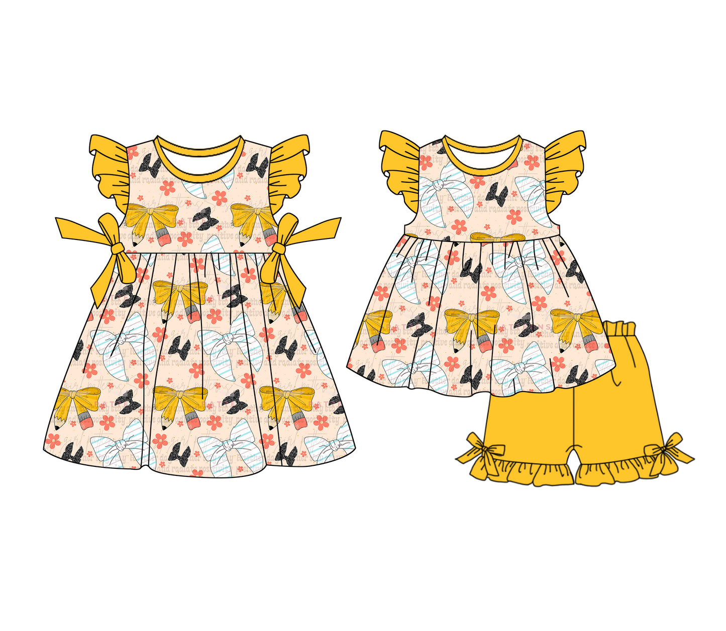 1.6 custom each style moq 5eta 4-6week Sibling Sister pencil bow baby girl short sleeve shorts sets and dresses match design