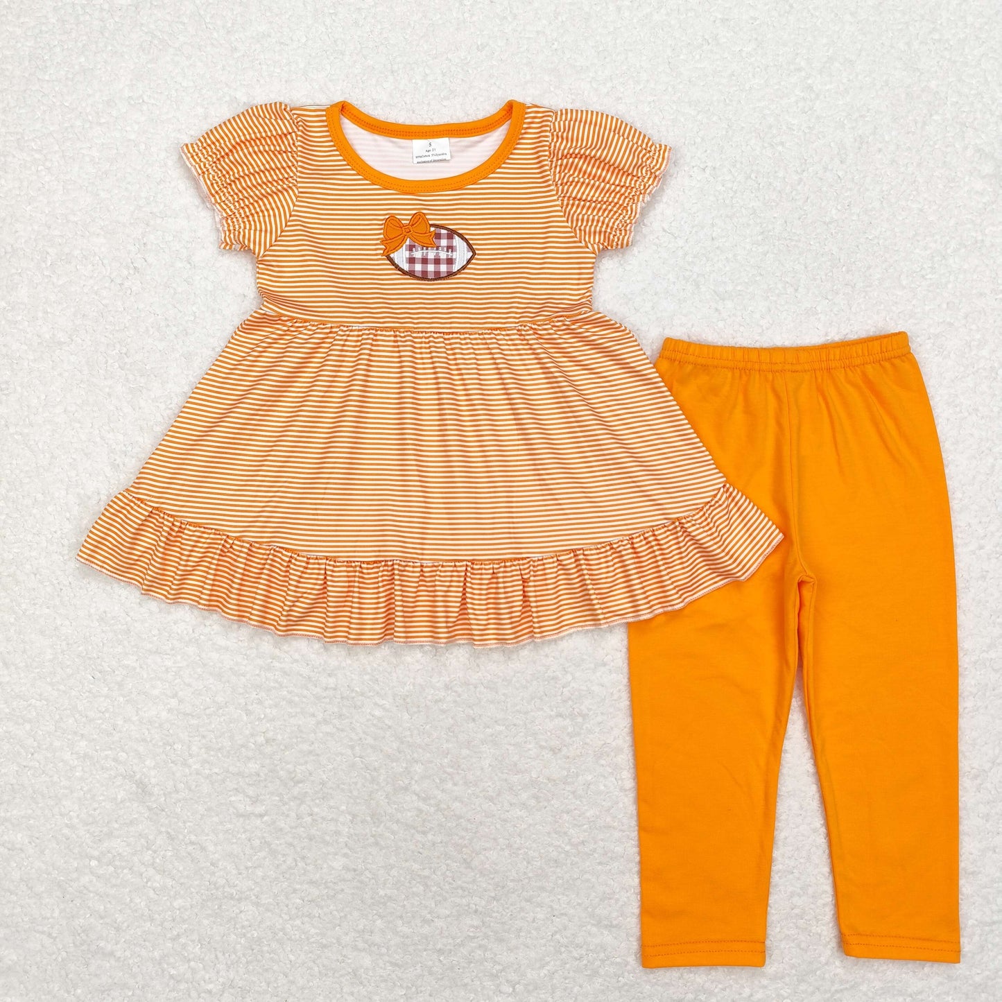 RTS NO MOQ(In Stock) GSPO1674 Embroidery Orange bow rugby striped short-sleeved trousers set